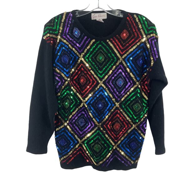 Eddie Dassin Vintage Rainbow Sequin Beaded Black Wool Angora Sweater Womens S - Picture 1 of 4
